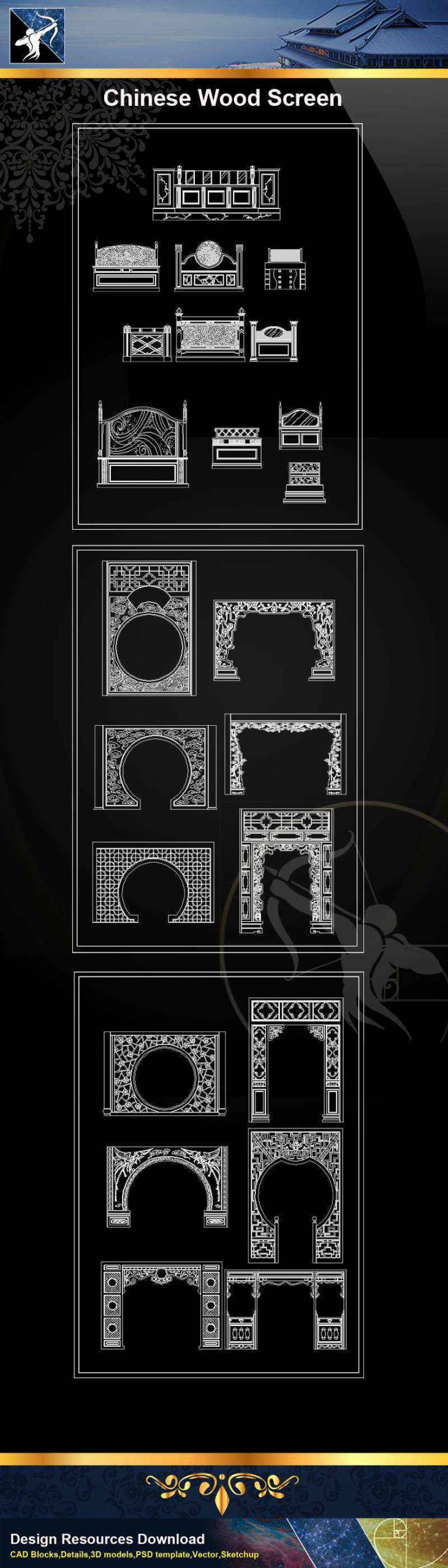 ★【 Chinese Wood Screen CAD Drawings】@Autocad Blocks,Drawings,CAD Details,Elevation