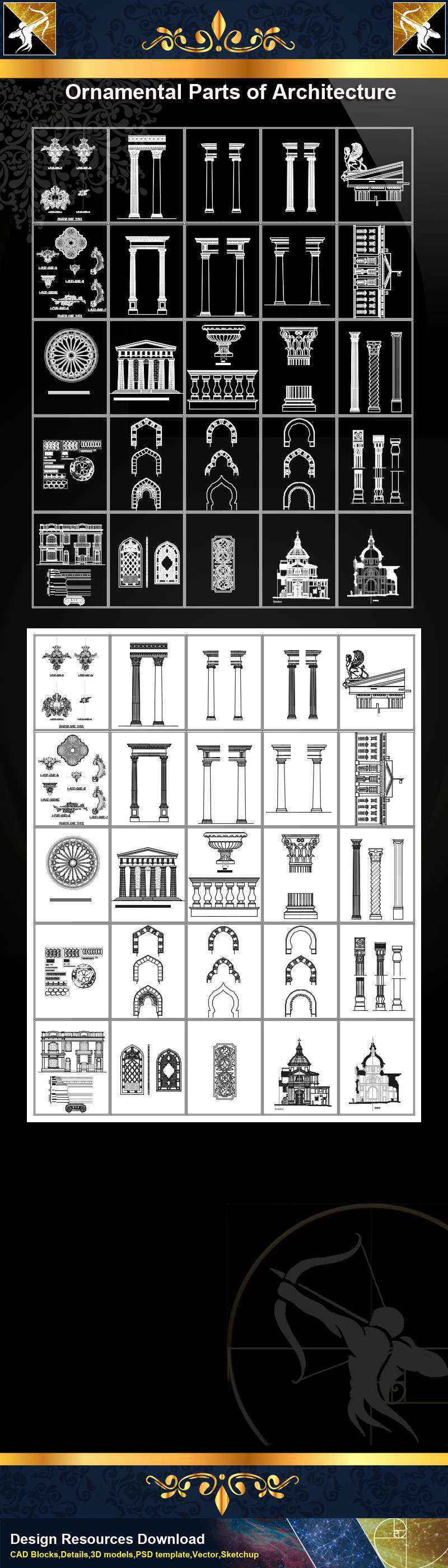 ★【Ornamental Parts of Architecture -Decoration Element CAD Blocks V.2】@Autocad Decoration Blocks,Drawings,CAD Details,Elevation