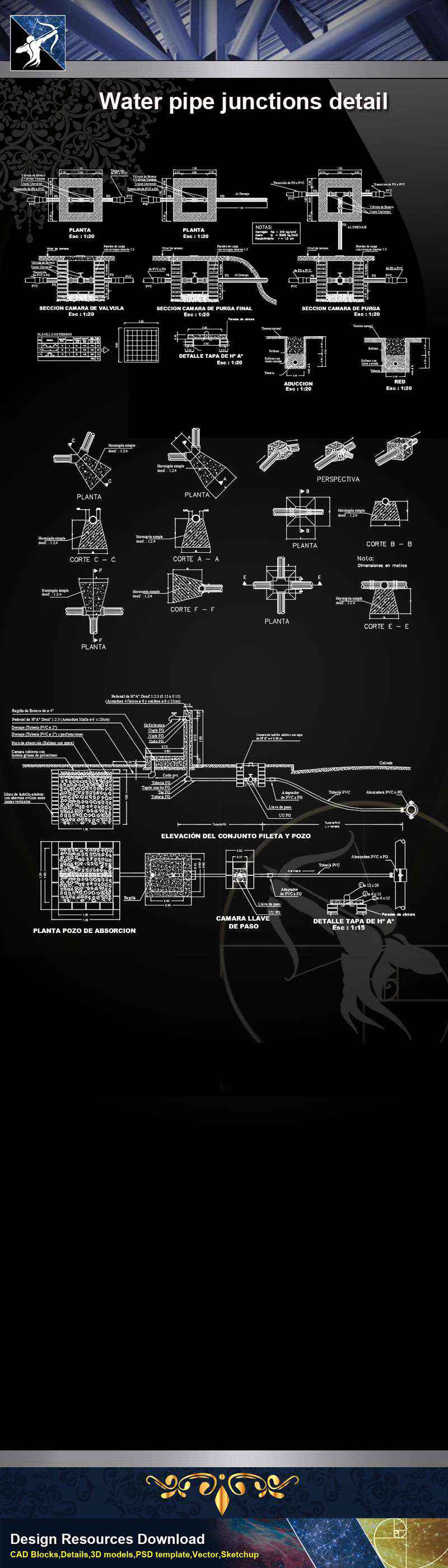 【Architecture CAD Details Collections】Water pipe junctions detail,Sanitations CAD Details