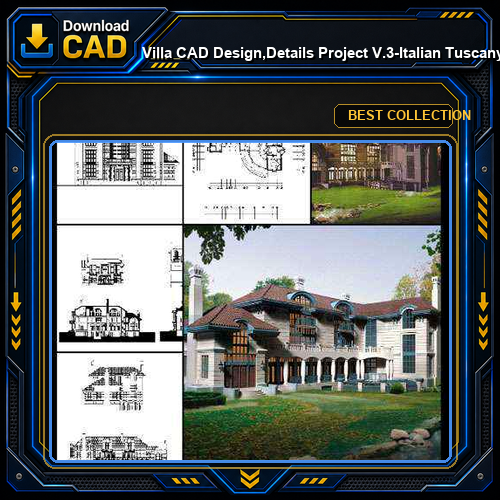 ★【Villa CAD Design,Details Project V.3-Italian Tuscany Style】Chateau,Manor,Mansion,Villa@Autocad Blocks,Drawings,CAD Details,Elevation